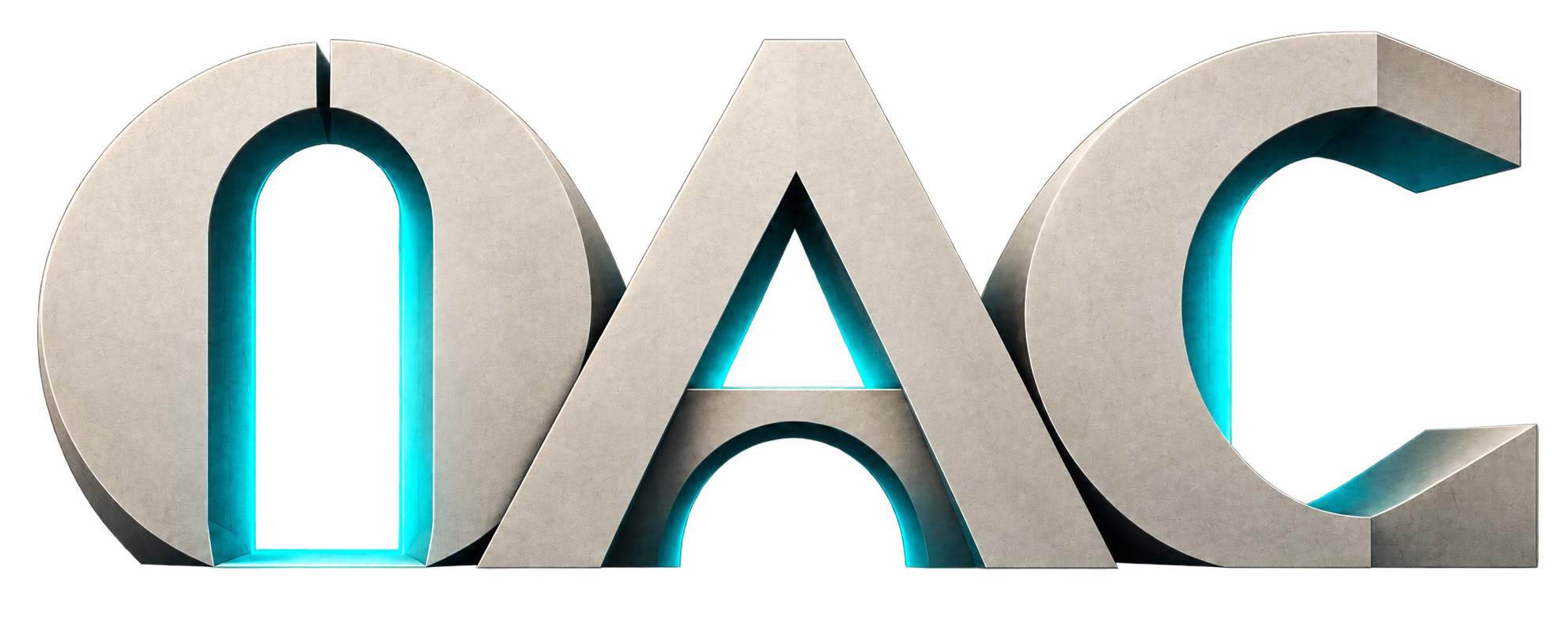 The monumental OAC portal mark illuminated with turquoise light