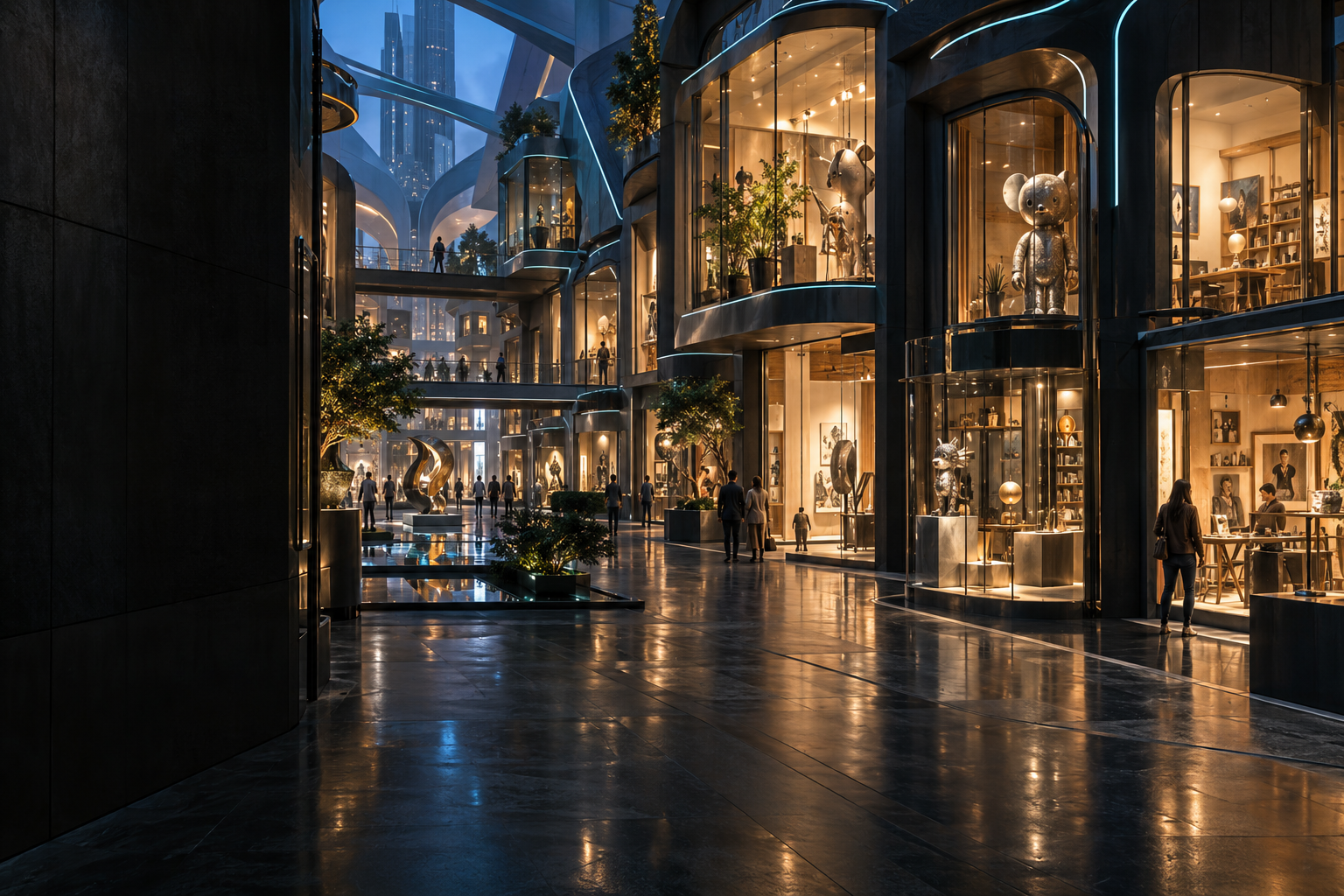 An illuminated creative district with independent workshops and objects on display